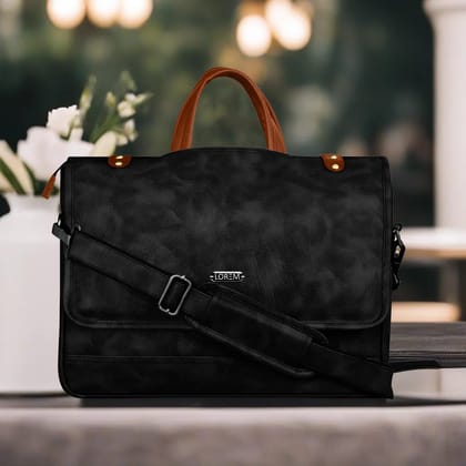 LOREM Black & Tan Color Faux Leather 10L Laptop Messenger Bag For Men BG48