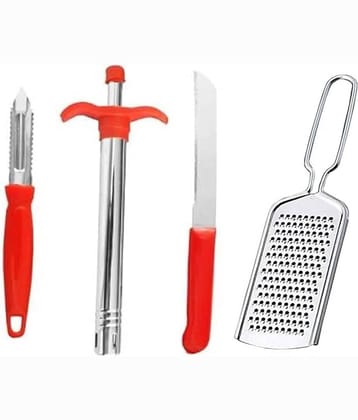 4 in 1 Combo Multipurpose Kitchen Set (Peeler, Cheese Grater, Lighter, Knife) 4 Pcs Daily Use Utility Multipurpose Kitchen Set (Red)