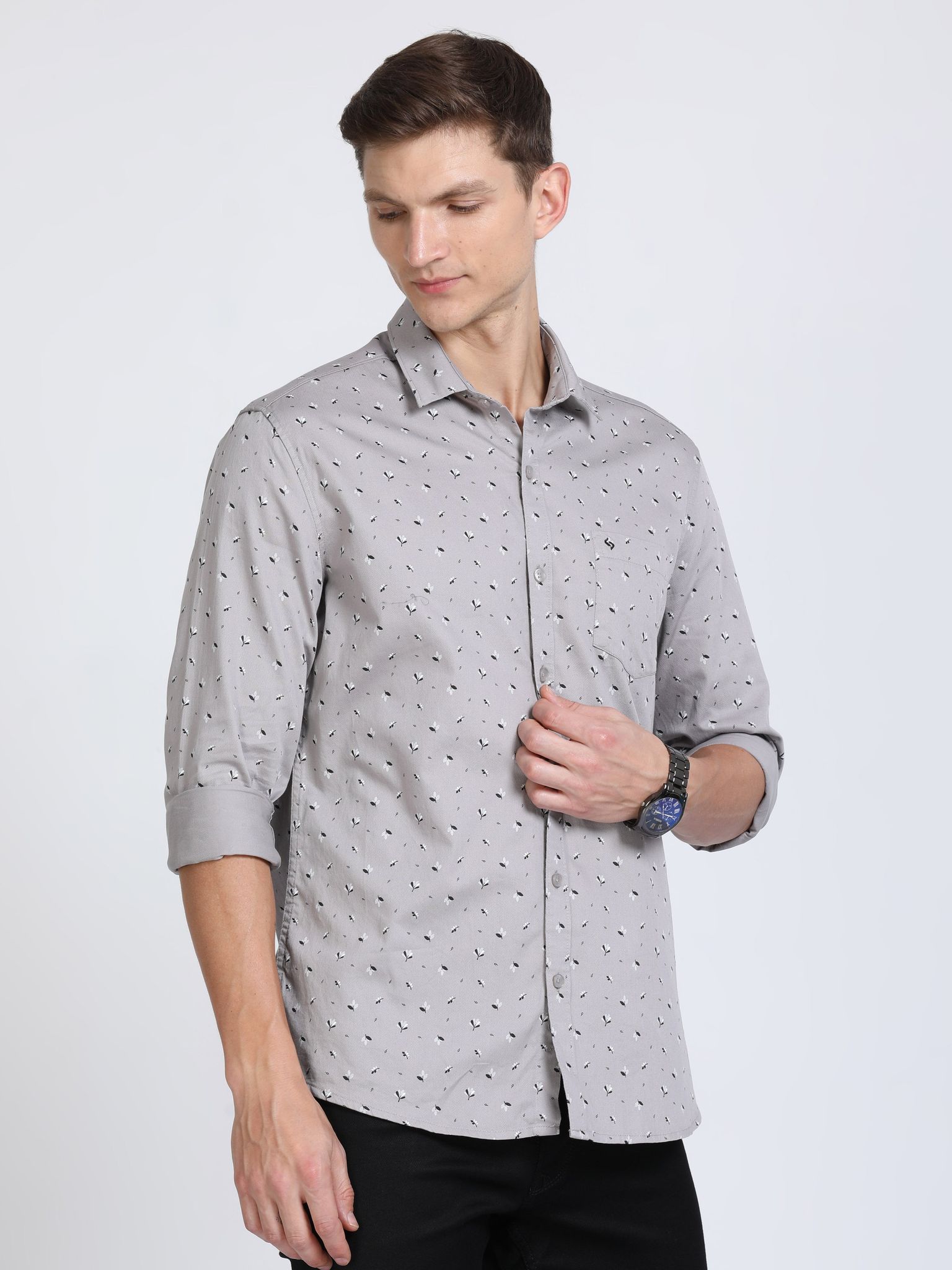 Classic Polo Mens Pure Cotton Full Sleeves Printed Slim Fit Polo Neck Grey Color Woven Shirt | So2-165 A-Fs-Prt-Sf