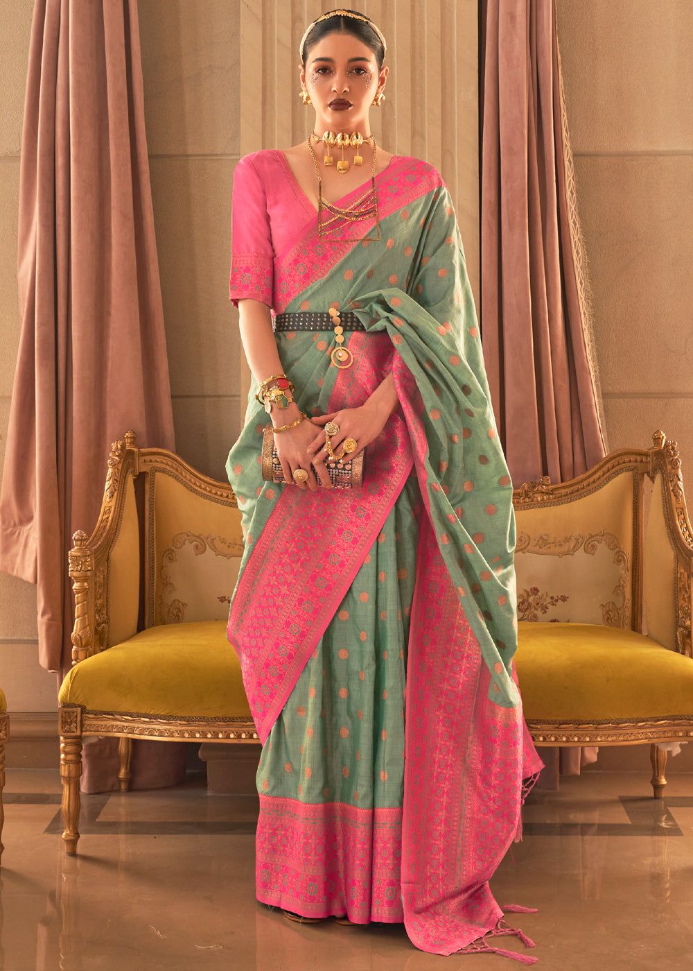 Saga Green Bronze Zari Woven Soft Silk Saree