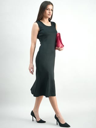 Women Round-Neck Sleeveless Black Scuba Midi Stretchable Bodycon Dress-XL