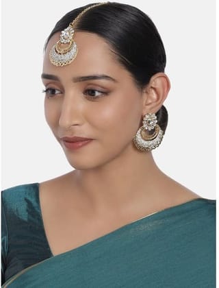 Generic Women's Rose Gold Plated Alloy Kundan Earrings & Mangtikka-PID47344