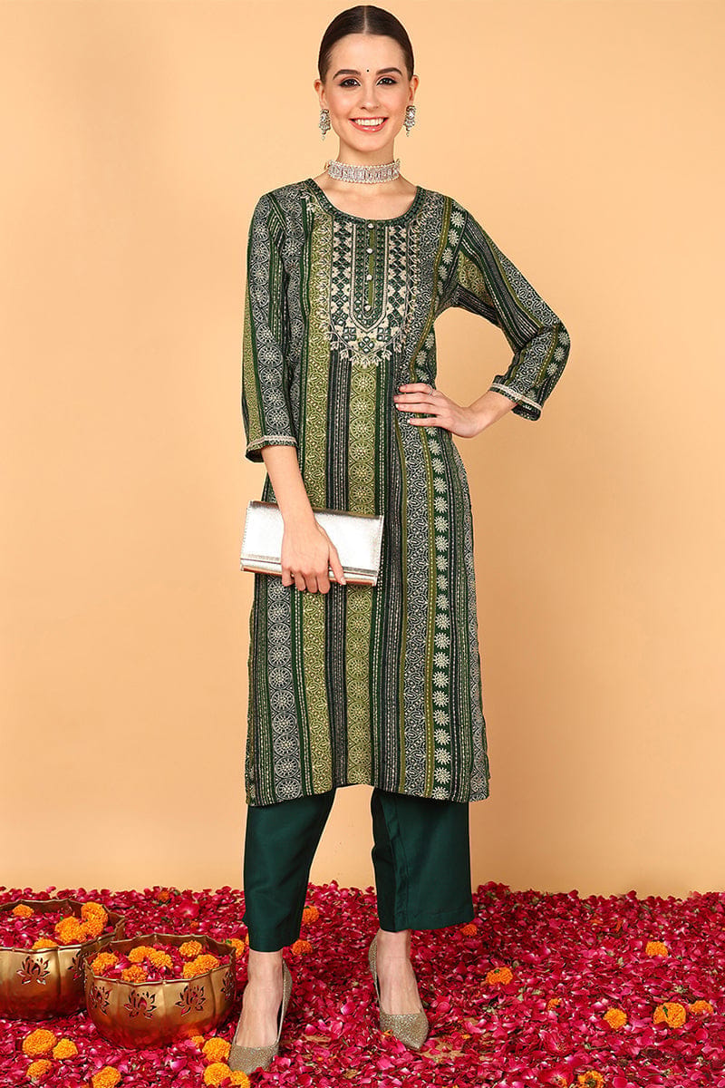 Plus Size Green Viscose Rayon Ethnic Motifs Printed Straight Kurta VCK9465