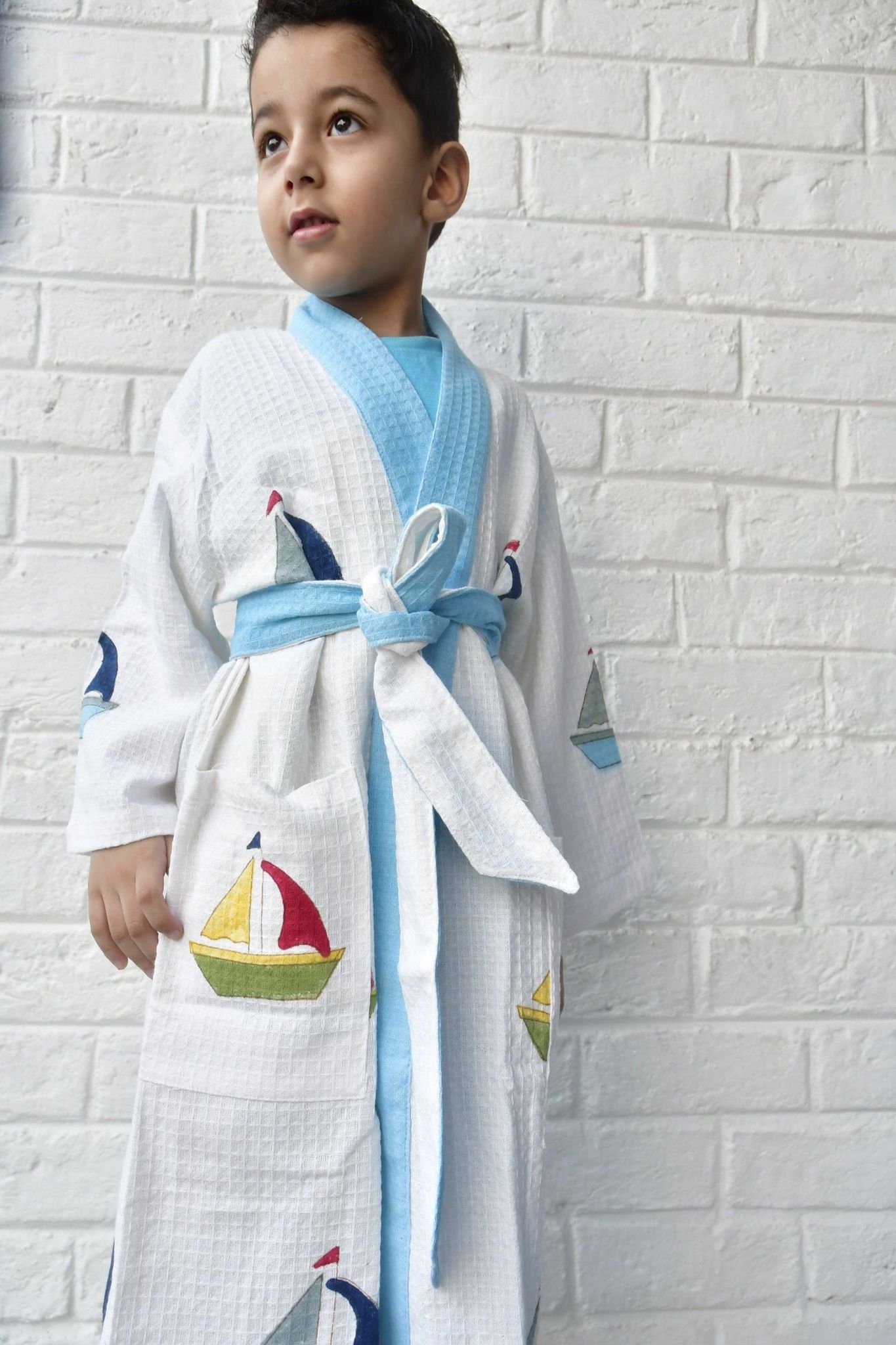 Kids HandBlock Premium Waffle Cotton Bathrobe Boat Pattern Medium (4-6 years)