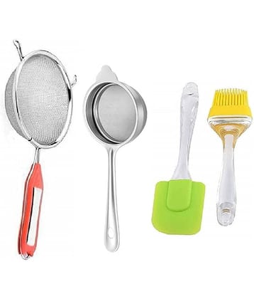 4 Pieces Kitchen Combo Stainless Steel Fine Mesh Soup & Juice Strainer, Tea Filter Channi, and Heat-Resistant Silicone Spatula & Oil Brush Set (Multicolor)