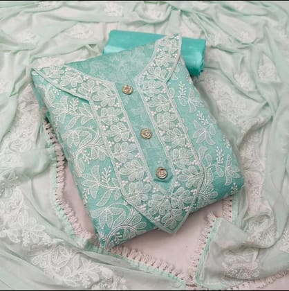Modal Heavy Embroidery Nazneen work Dress Material(Unstitched)-Cyan