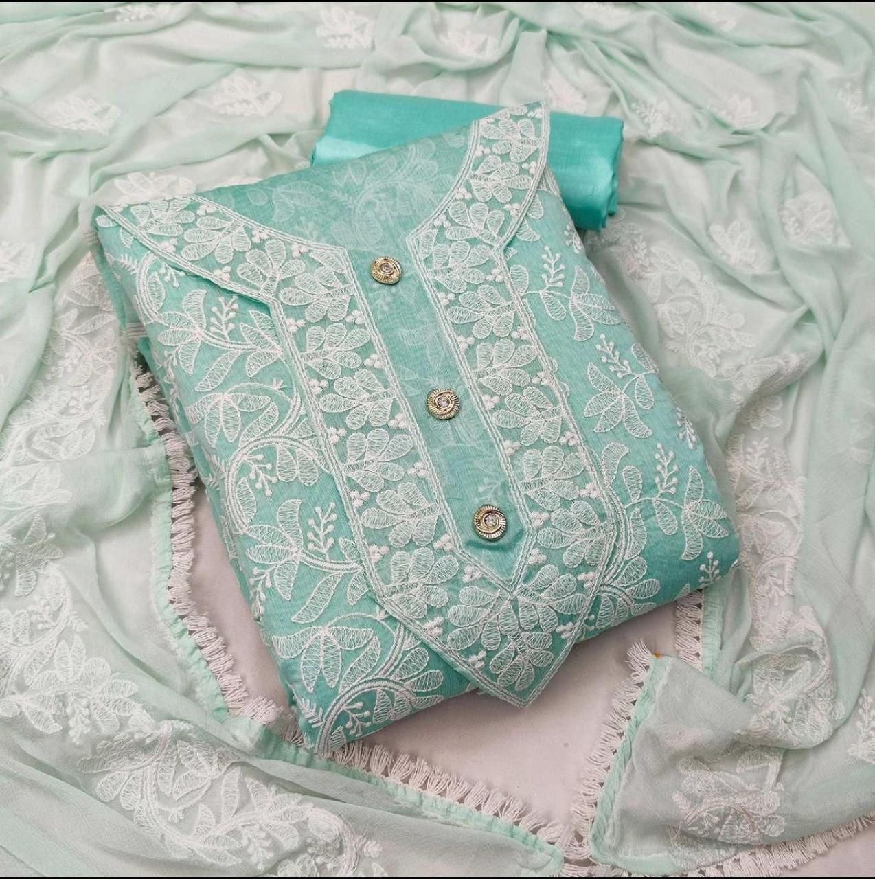Modal Heavy Embroidery Nazneen work Dress Material(Unstitched)-Cyan
