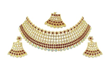 Gold Plated Kundan Choker Necklace Set with Earrings and Maang Tikka, Maroon and White Stones, Bridal Jewellery
