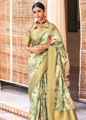 Mint Green Woven Banarasi Cotton Silk Saree With Digital Print