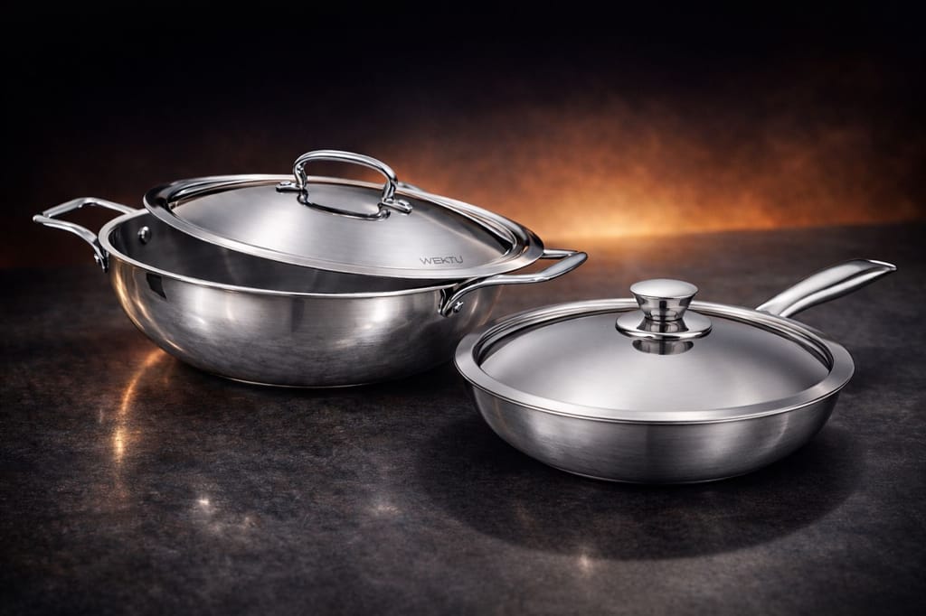 WEKTU Tri-Ply Stainless Steel Cookware Set (Set of 2: Kadhai and Frypan with Lids) - Cookware | Buy online on ZillyBuy