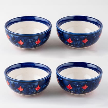 Blooming Plants Red & Blue Ceramic Katori Bowl / Portion Bowl Set of 4 (220 ML)