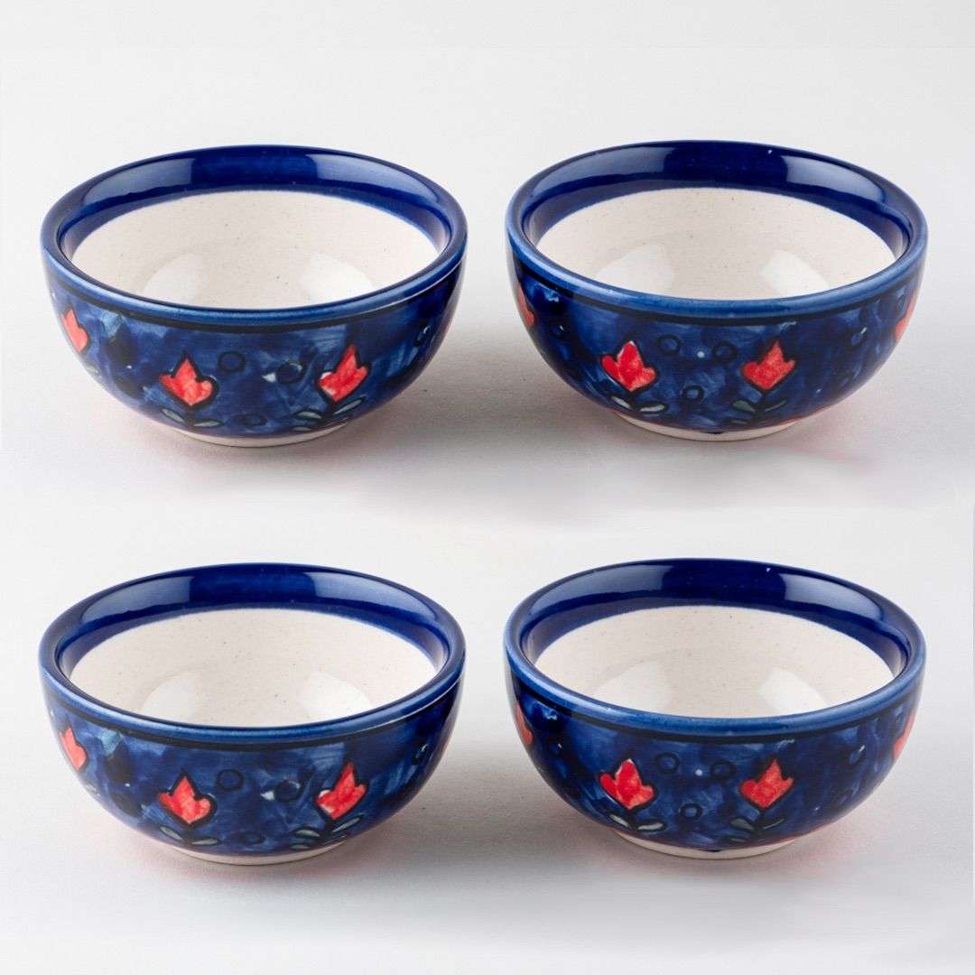 Blooming Plants Red & Blue Ceramic Katori Bowl / Portion Bowl Set of 4 (220 ML)