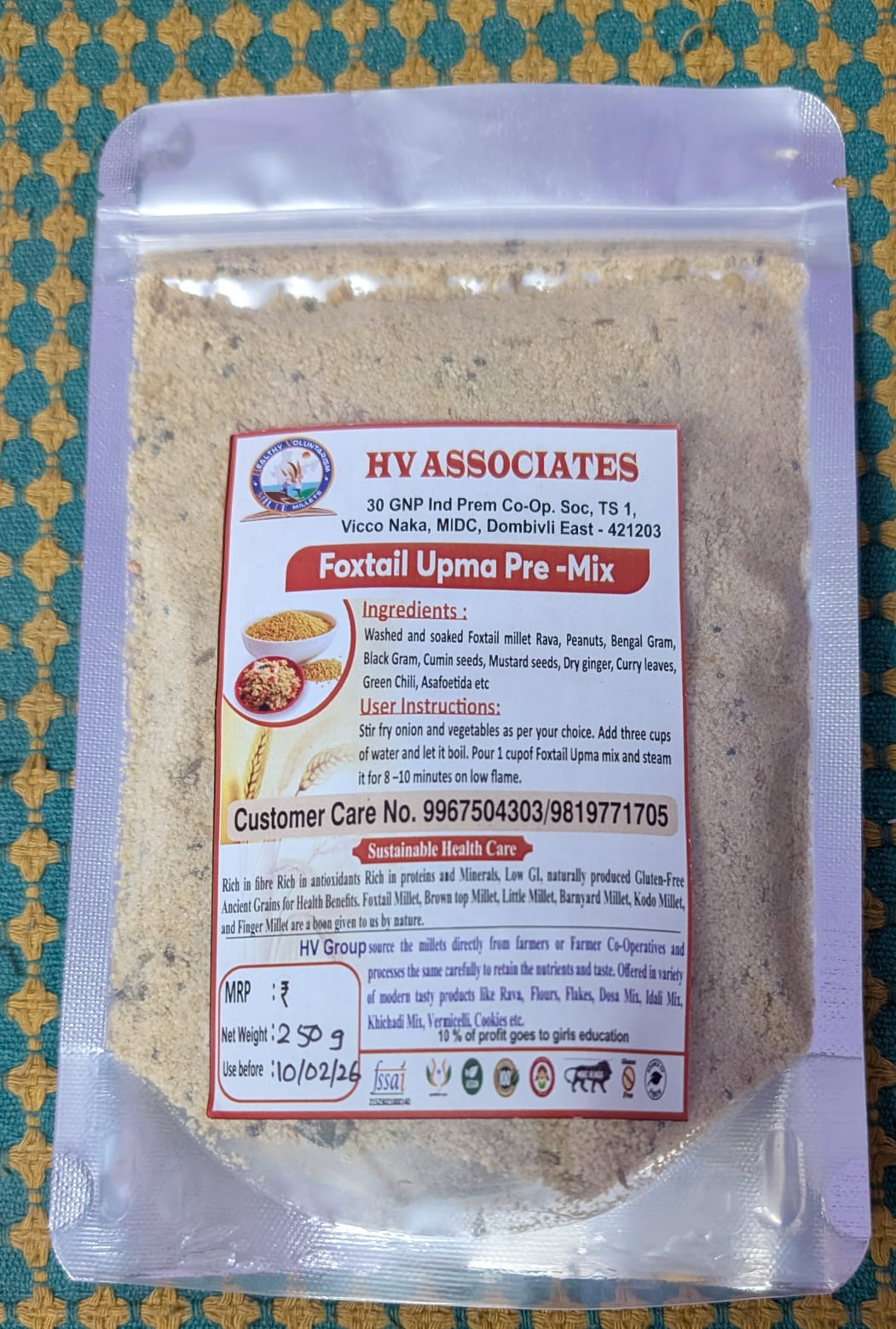 Hv Associates Foxtail Upma Pre-Mix (250 G) | Instant Healthy Breakfast Ready To Cook Mix | Traditional Indian Snack With Spices & Peanuts