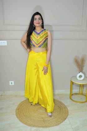 Yellow Colour Mirror Work Top with Palazzo & Shrug-L / Yellow