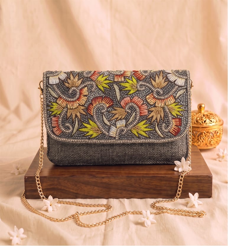 Handcrafted Zardozi Jute Clutch - silver