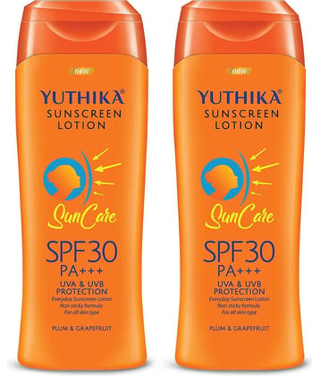 Yuthika Sunscreen Lotion SPF 30 PA+++ with UVA & UVB Protection, Sun Cream for All Skin Types - 300ml Pack of 2