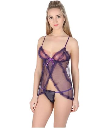 Celosia Net Baby Doll Dresses With Panty - Purple