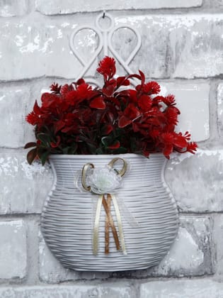 Foliyaj Plastic Wall Planter for Office & Home Decoration | Indoor Wall Mounted Planters | Hanging Planters for Living Room | Wall Hanging with Red Plant Bush | White, Height 25 CM x Width 14 CM
