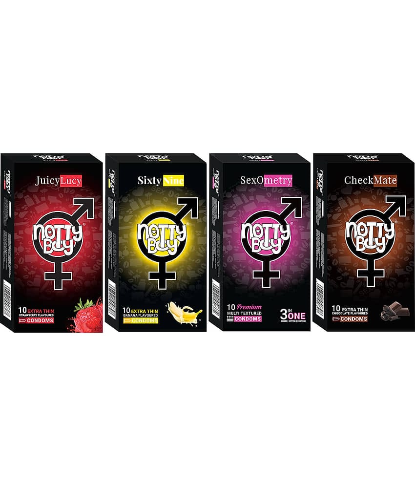 NottyBoy Ribs Dots Contoured Banana Chocolate and Strawberry Flavour Condoms Combo Pack - 40 Units