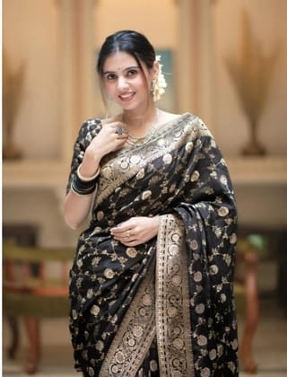 Women's Silk Printed Saree With Unstitched Blouse 5.5Mtr (Black)-PID60136
