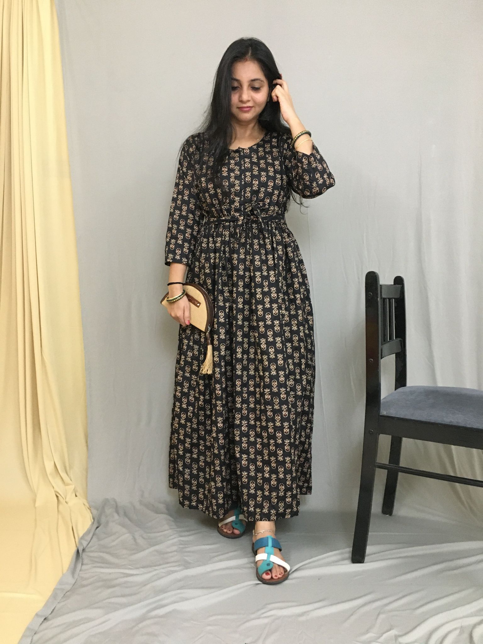 Ajrakh Black Cream Print - Maternity Kurti with Feeding Zips - Cotton Flex - Thicker Fabric-40 - 42 ( L - XL )
