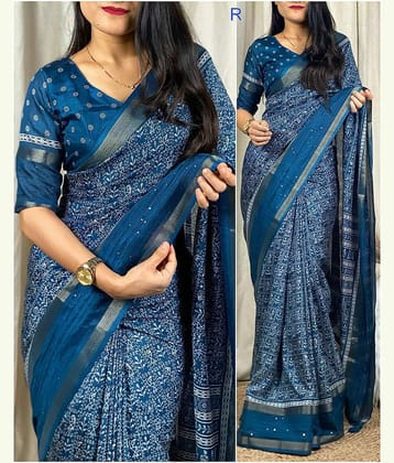 Bhuwal Fashion Art Silk Printed Saree With Unstitched Blouse Piece ( Navy Blue )