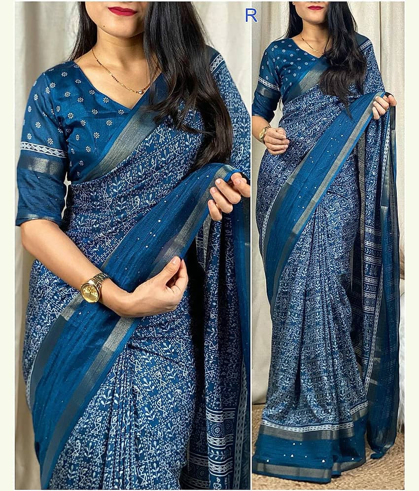 Bhuwal Fashion Art Silk Printed Saree With Unstitched Blouse Piece ( Navy Blue )