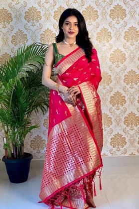 Banarasi Pure Silk Pink Saree with Golden Zari Design