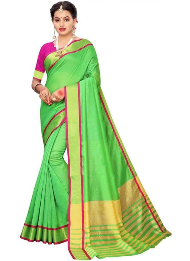 Generic Women's Cotton Silk Saree with Blouse (Parrot Green, 5 - 6 Mtrs)