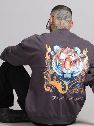 Men Printed Oversized Sweatshirt Pure Cotton Full Sleeve Dark grey-XS / Gray