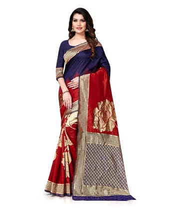 Generic Women's Banarasi Silk Saree With Blouse (Navy Blue, Red, 5-6 Mtr)