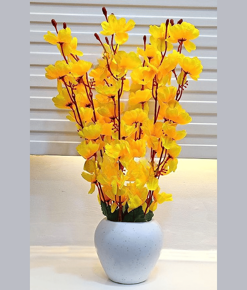 REAL PBR - Yellow Cherry Blossom Artificial Flowers With Pot ( Pack of 1 )