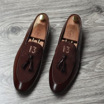 Dark Brown Glossy/Suede Leather Apron Toe Tassel Slip-On Shoes With Initials By Brune & Bareskin-44/10