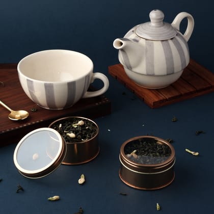 Tea Pot & Cup with Jasmine Green Teas (40 gms) Gift Set-Tin Jars , Tea , Ceramic / Tea Tin - 2.5 inches x 1.4 inches | 20 gm x 2; Cup 250 Ml, Kettle 380 Ml; Gift Box