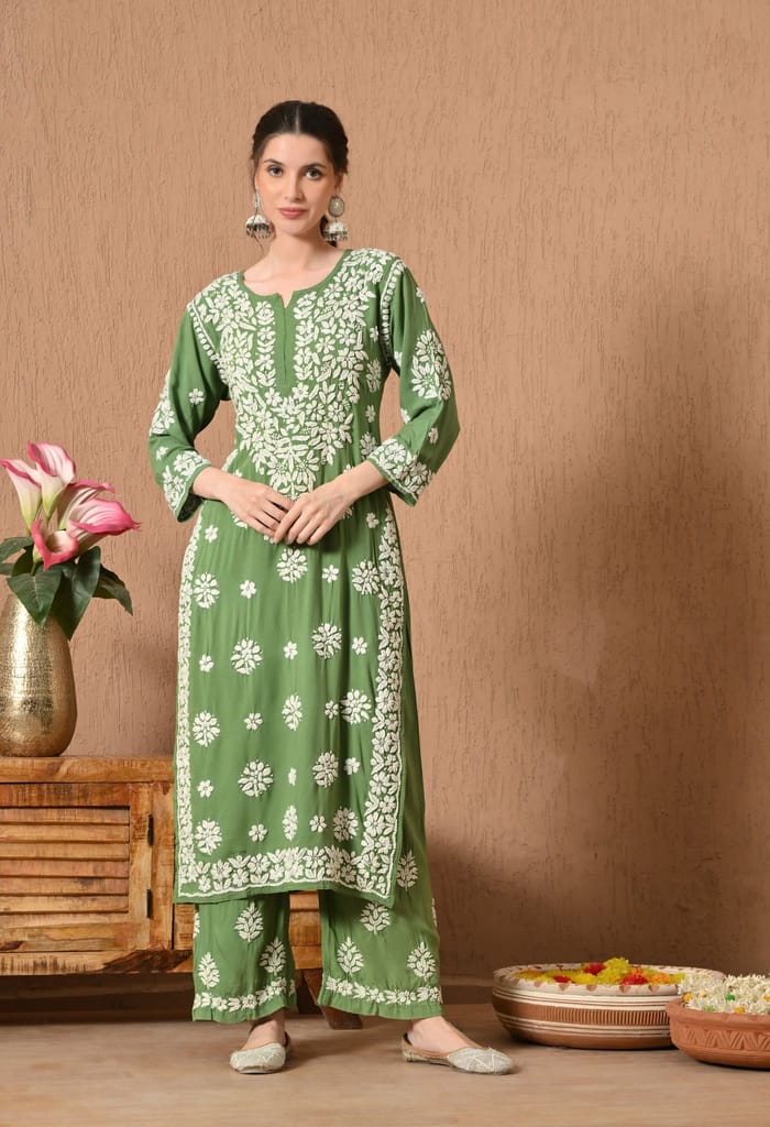 Premium Rayon Chikankari Plazo Set with Hand Embroidery & 3D Work - Green