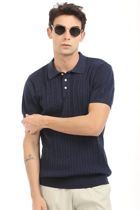 Navy Blue Spiral Polo T-Shirt-L