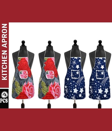 Aazeem Cotton Blend Printed Kitchen Apron with 1 Center Pocket ( Pack of 4 )