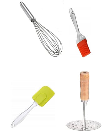 Dynore - Silver Stainless Steel Brush, Spatula, Masher and Whisker ( Set of 4 )