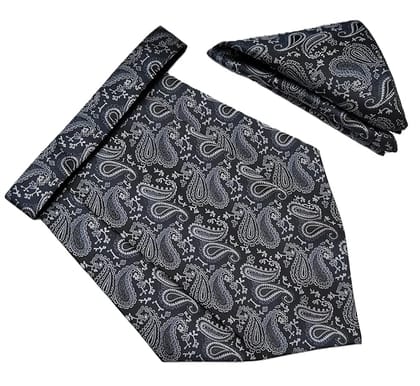 VOICI France Mens Paisley Cravat ascot NeckTie Pocket Square Microfiber Fabric Free Size-Gray & Black VOICI France Mens Paisley Cravat ascot NeckTie Pocket Square Microfiber Fabric Free Size-Gray & Black