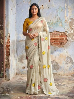 Beige Rangoli Silk saree with mirror work