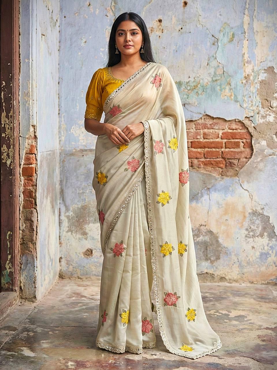 Beige Rangoli Silk saree with mirror work