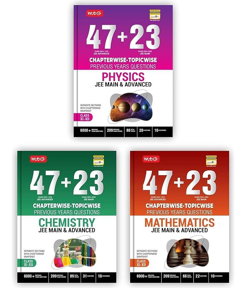 MTG 47 + 23 Years JEE Main (2024-2002) and JEE Advanced (2024-1978) Chapter-wise Topic-wise Previous Years Solved Question Papers Physics, Chemistry & Mathematics Book – JEE PYQ Question Bank For 2025 Exam (Set of 3)