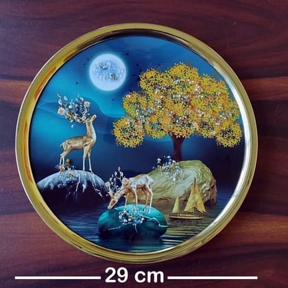 Crystal Wallart Deer Scenery 29 x 29 cm round shaped crystal wall art painting with golden frame D