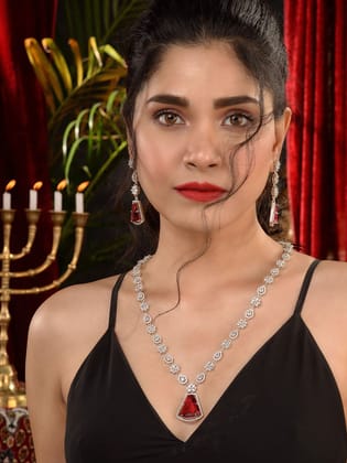 Silver Toned Red AD studded Luxe Haram Necklace Jewellery Set