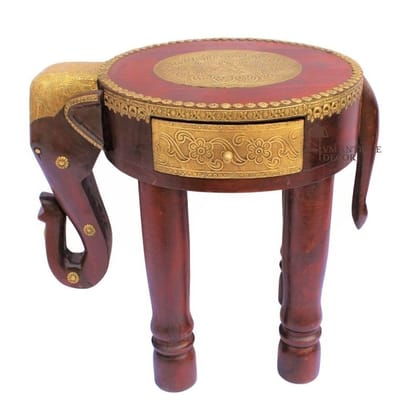 Handcrafted Wooden Elephant Side Table with Brass Details