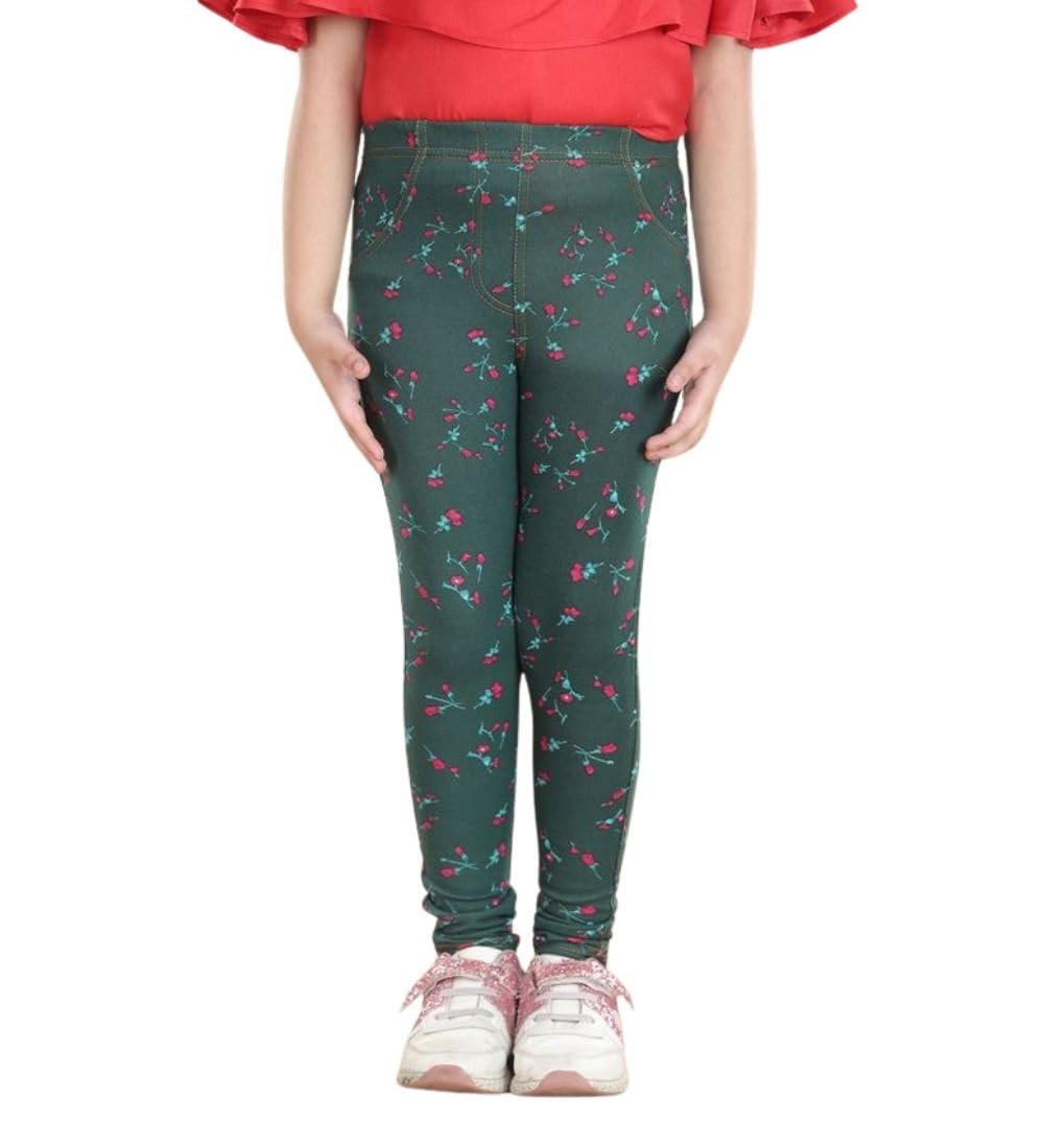 Girl's Cotton Blended Floral Elasticated Jeggings (Bottle Green, 2-3-Yrs)-PID66064