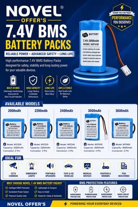 NOVEL 7.4V Lithium-Ion Battery Pack with BMS Protection Circuit | Rechargeable Power Pack for RC Models, Robotics, LED Lighting Systems, Electronics Projects and Equipment