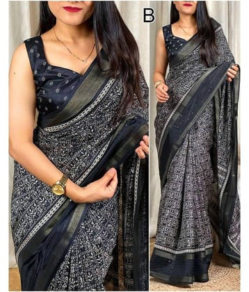 Bhuwal Fashion Art Silk Printed Saree With Unstitched Blouse Piece ( Black,Turquoise,Green )
