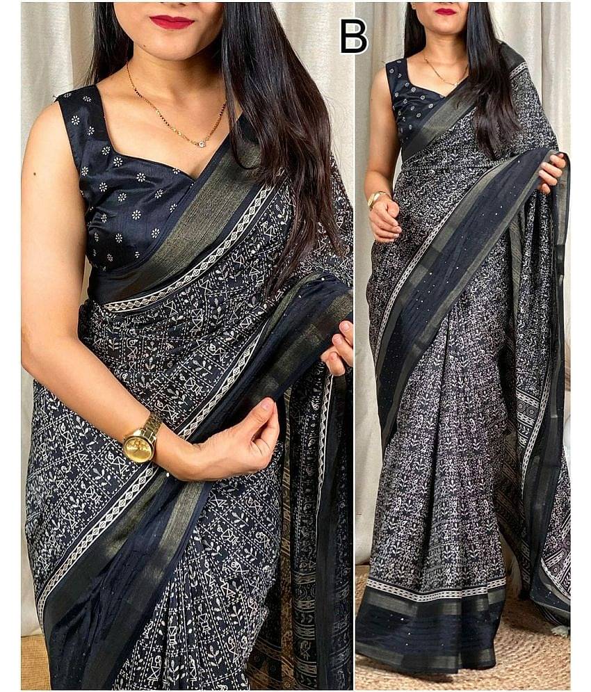 Bhuwal Fashion Art Silk Printed Saree With Unstitched Blouse Piece ( Black,Turquoise,Green )