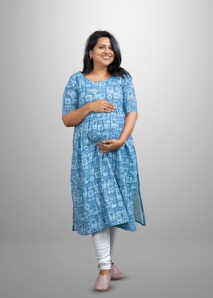 Blue Block Print Cotton Kurti with Slit - 3/4 Sleeve